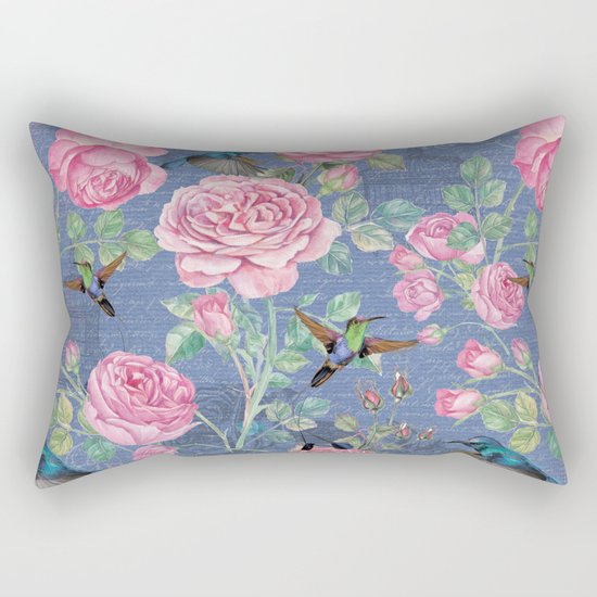 Vintage Watercolor hummingbird and English Roses on blue Background Rectangular Pillow