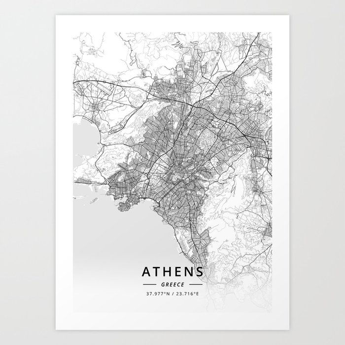 Athens, Greece - Light Map Art Print
