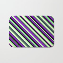 [ Thumbnail: Light Green, Light Yellow, Dark Slate Gray, Dark Violet, and Black Colored Lines/Stripes Pattern Bath Mat ]