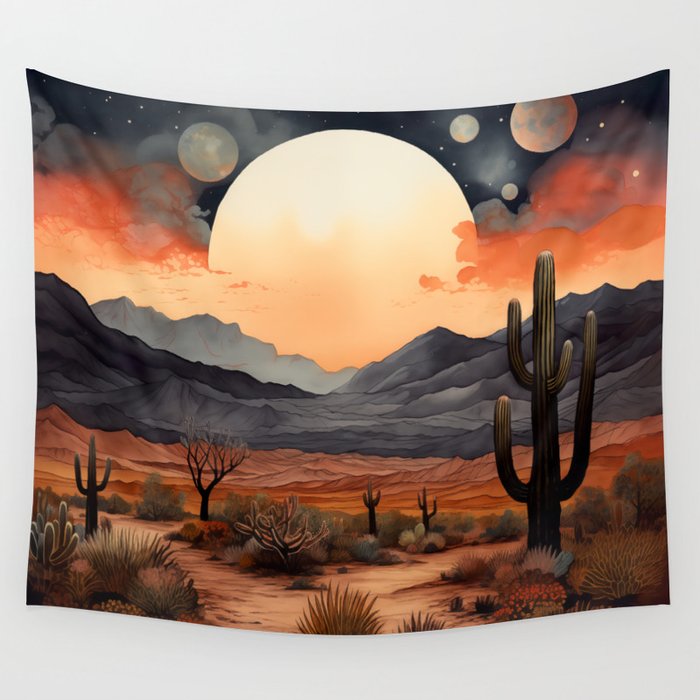 Desert Nights - Cactus Moon Illustration Wall Tapestry