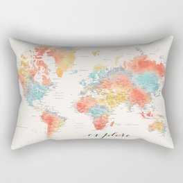 "Explore" - Colorful watercolor world map with cities Rectangular Pillow