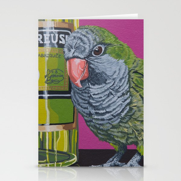 Quaker Parrot Painting, Cocktail Bar Chartreuse Art, Parrot Portrait Stationery Cards