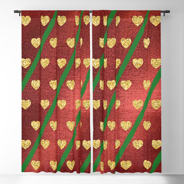 Gold Hearts on a Red Shiny Background with Green Diagonal Lines  Blackout Curtain