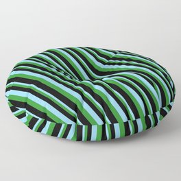 [ Thumbnail: Light Sky Blue, Forest Green & Black Colored Pattern of Stripes Floor Pillow ]