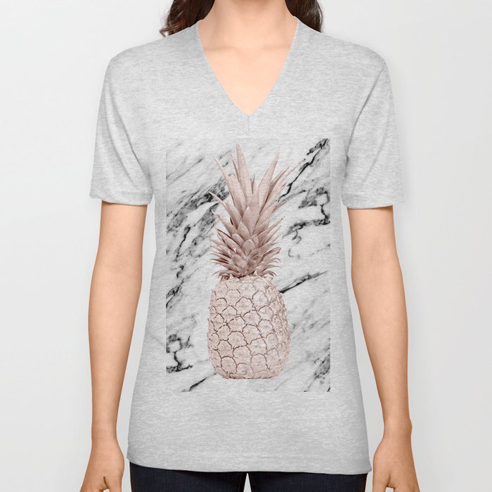 Pineapple Rose Gold Marble V Neck T Shirt