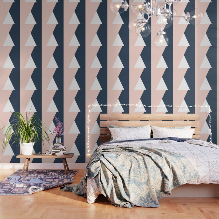 Elegant Blush Pink Navy Blue Geometric Triangles Wallpaper By Naughtycat