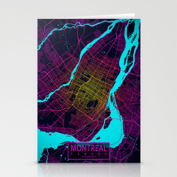Montreal City Map of Canada - Neon Stationery Cards