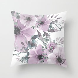 Floral Watercolor, Purple and Gray Throw Pillow