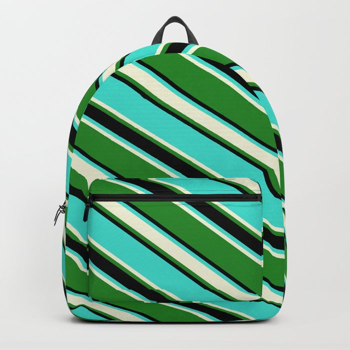 Turquoise, Beige, Forest Green, and Black Colored Lined Pattern Backpack