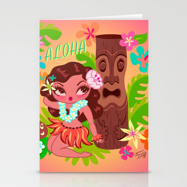 Cute Retro Hula Girl with Tiki Stationery Cards