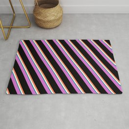 [ Thumbnail: Orchid, Black, Coral, Mint Cream, and Teal Colored Lines/Stripes Pattern Rug ]
