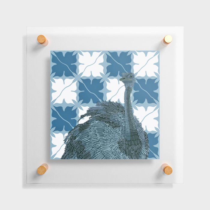 Ostrich from Africa standing on a modern blue checkerboard pattern Floating Acrylic Print