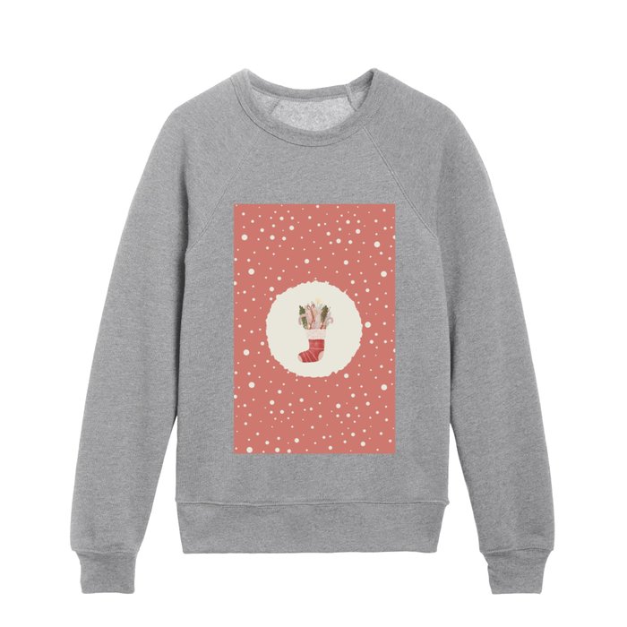 Christmas Stocking With Candy and Snow Balls on Orange Red Kids Crewneck