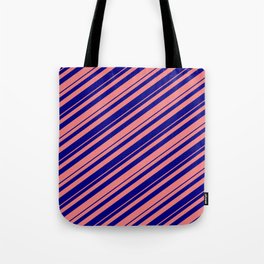 [ Thumbnail: Blue and Light Coral Colored Lined Pattern Tote Bag ]