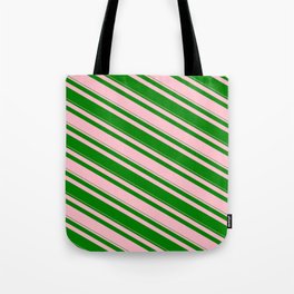 [ Thumbnail: Pink and Green Colored Striped/Lined Pattern Tote Bag ]