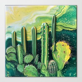 Yellow Desert Cactus Fluid Pour Canvas Print