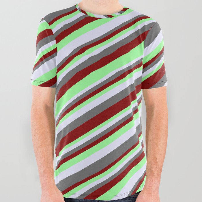 Maroon, Green, Lavender, and Dim Gray Colored Lined Pattern All Over Graphic Tee