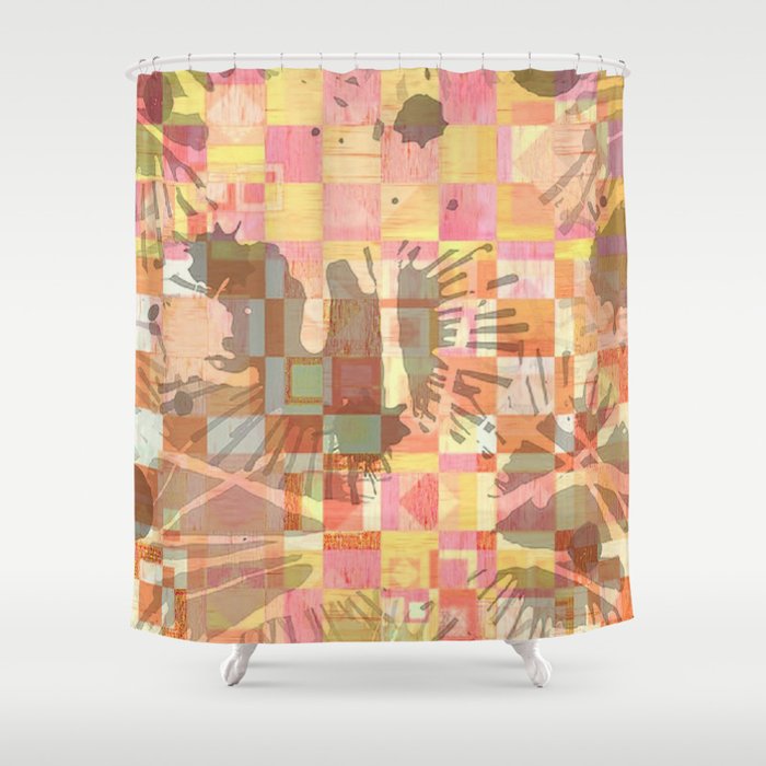 Abstract Paint Splash Geometric Squares Olive Green PinkYellow Shower Curtain