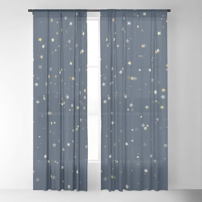 Gold Silver Stars On Navy Blue Pattern Sheer Curtain By Aimio Society6 Navy Blue Pattern Sheer Curtain, White Curtains Gold Stars