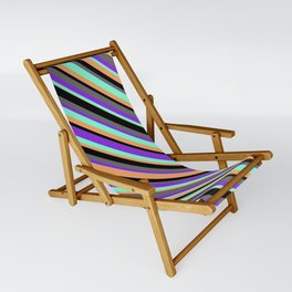 [ Thumbnail: Eye-catching Black, Dim Grey, Purple, Aquamarine & Brown Colored Stripes/Lines Pattern Sling Chair ]