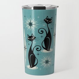 Mid Century Meow Retro Atomic Cats on Blue Travel Mug | Atomicera, Retro, Fifties, Midcenturymodern, Starburst, Blackcats, Atomicstarbursts, Black, Diamonds, Graphicdesign 