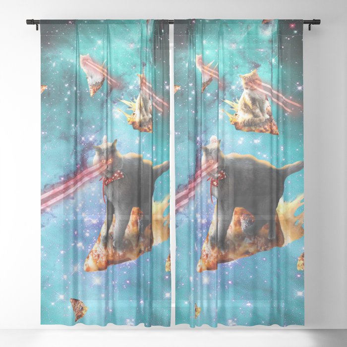 Space Laser Eye Cat Riding Pizza, Galaxy Cats Sheer Curtain