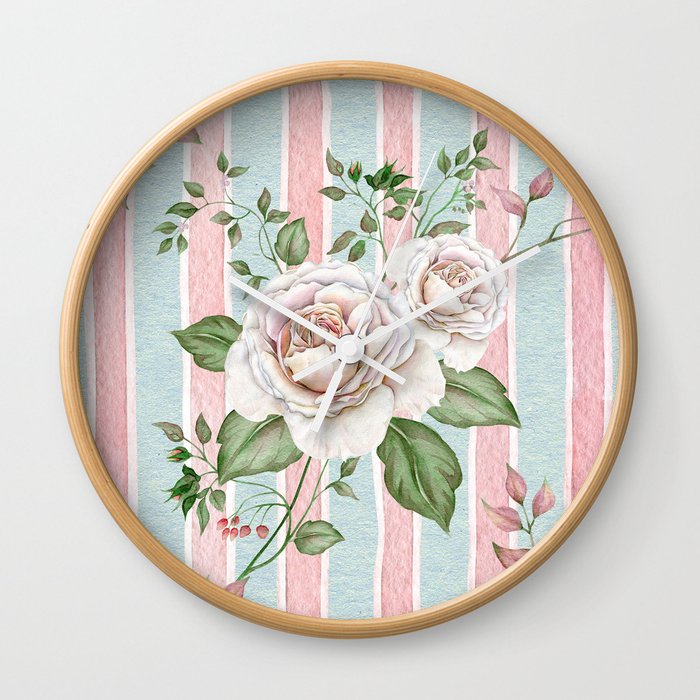 Pastel pink and blue watercolor striped pattern with roses and foliage Wall Clock