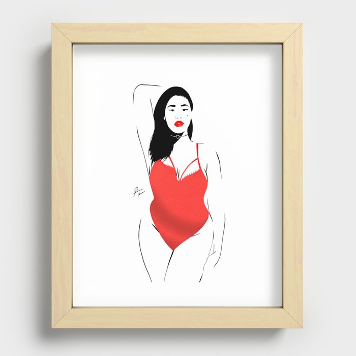 Beautiful woman posing in red swimsuit and lipstick Recessed Framed Print