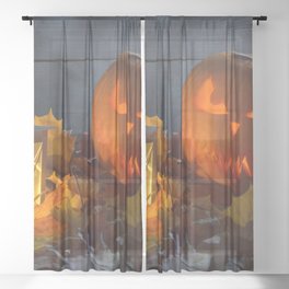 Spooky Jack O Lantern Among Dried Leaves on Wooden Fence Sheer Curtain