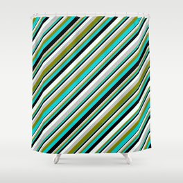 [ Thumbnail: Colorful Grey, Green, Dark Turquoise, Black, and Mint Cream Colored Lined/Striped Pattern Shower Curtain ]