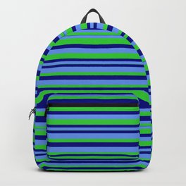 [ Thumbnail: Cornflower Blue, Lime Green, and Blue Colored Striped/Lined Pattern Backpack ]