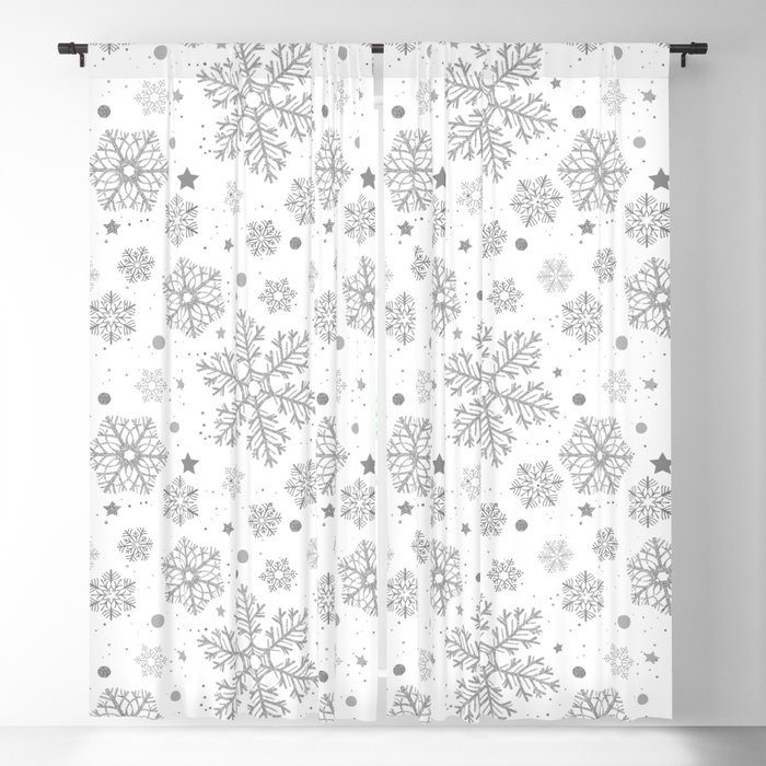 Silver snowflakes on white Blackout Curtain