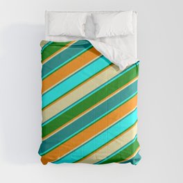 [ Thumbnail: Dark Orange, Pale Goldenrod, Dark Cyan, Cyan, and Green Colored Pattern of Stripes Comforter ]