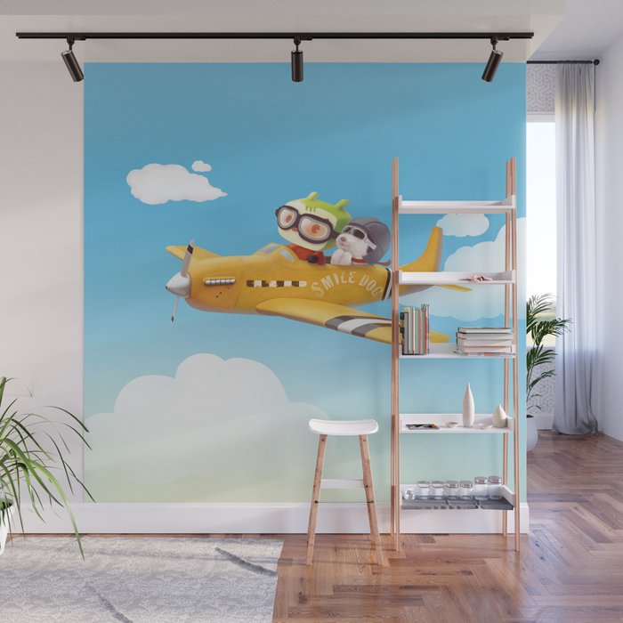 Little pilot and dog on a plane in the Sky Wall Mural