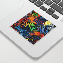 Abstract bright graffiti pattern. With bricks, paint drips, words in graffiti style. Graphic urban design Sticker