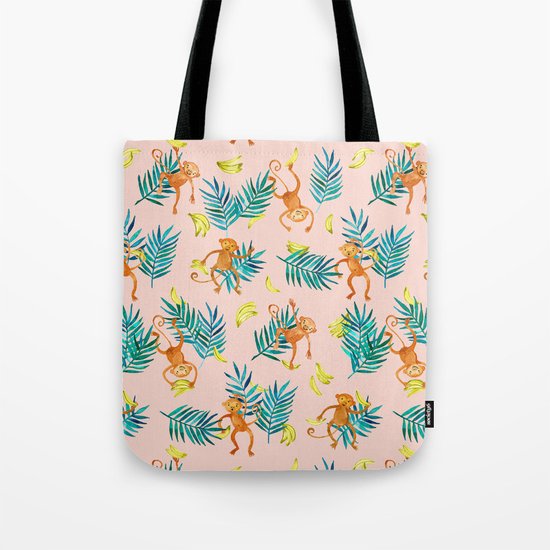 Tropical Monkey Banana Bonanza on Blush Pink Tote Bag