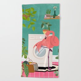 Flamingo in Boho Laundry Room  Beach Towel