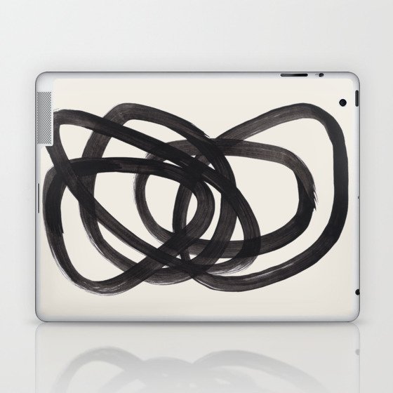 Mid Century Modern Minimalist Abstract Art Brush Strokes Black & White Ink Art Spiral Circles Laptop & iPad Skin