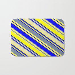 [ Thumbnail: Light Slate Gray, Pale Goldenrod, Yellow, and Blue Colored Striped Pattern Bath Mat ]