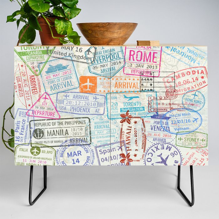 Vintage World Map with Passport Stamps Credenza