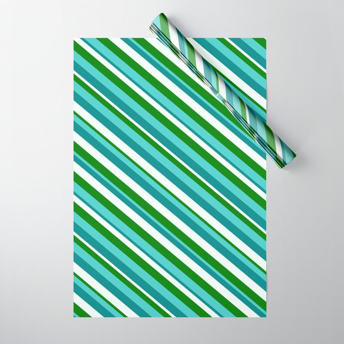Turquoise, Dark Cyan, Mint Cream, and Green Colored Lined Pattern Wrapping Paper