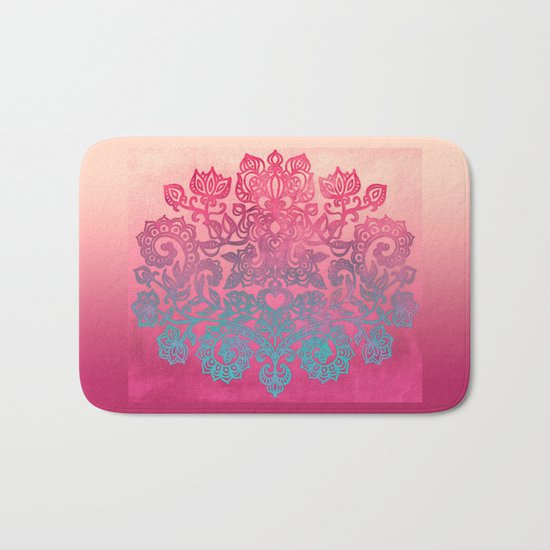Ombre Canvas Folk Art Doodle in aqua, pink & peach Bath Mat