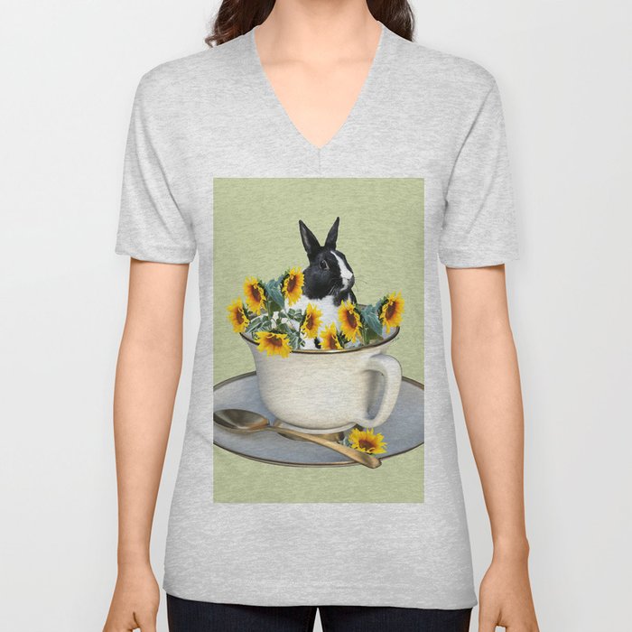 Rabbit with coffee cup and sunflowers V Neck T Shirt