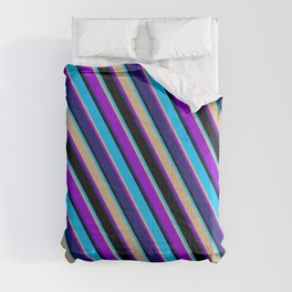 [ Thumbnail: Eyecatching Deep Sky Blue, Tan, Dark Violet, Midnight Blue, and Black Colored Lines Pattern Comforter ]