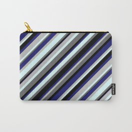 [ Thumbnail: Vibrant Grey, Light Cyan, Dim Grey, Black, and Midnight Blue Colored Striped/Lined Pattern Carry-All Pouch ]