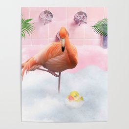 Cute Self-Care Bathing Flamingo Palm Bath Poster