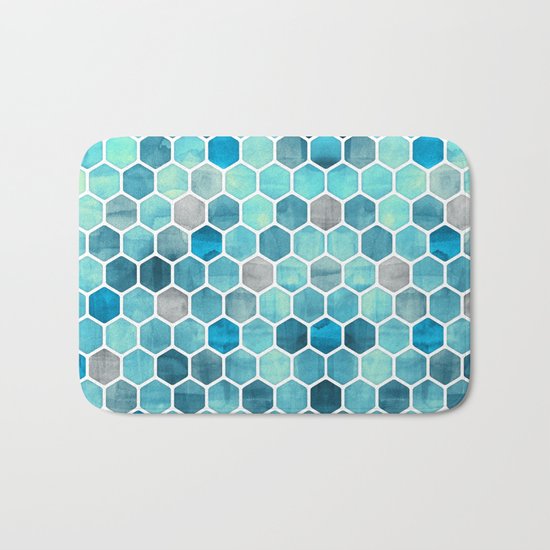 Blue Ink - watercolor hexagon pattern Bath Mat