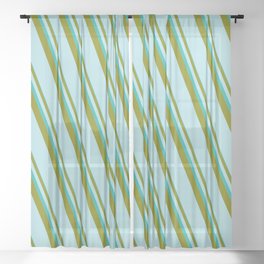 [ Thumbnail: Light Sea Green, Green & Powder Blue Colored Lined/Striped Pattern Sheer Curtain ]