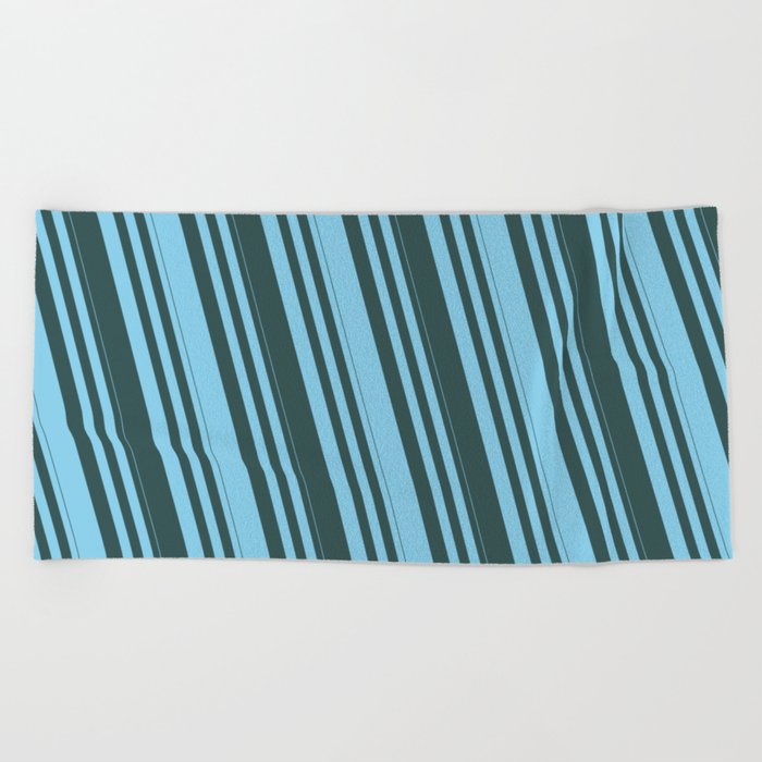 Sky Blue and Dark Slate Gray Colored Lines Pattern Beach Towel