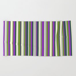 [ Thumbnail: Colorful Light Yellow, Dark Slate Gray, Dark Orchid, Green, and Grey Colored Striped Pattern Beach Towel ]